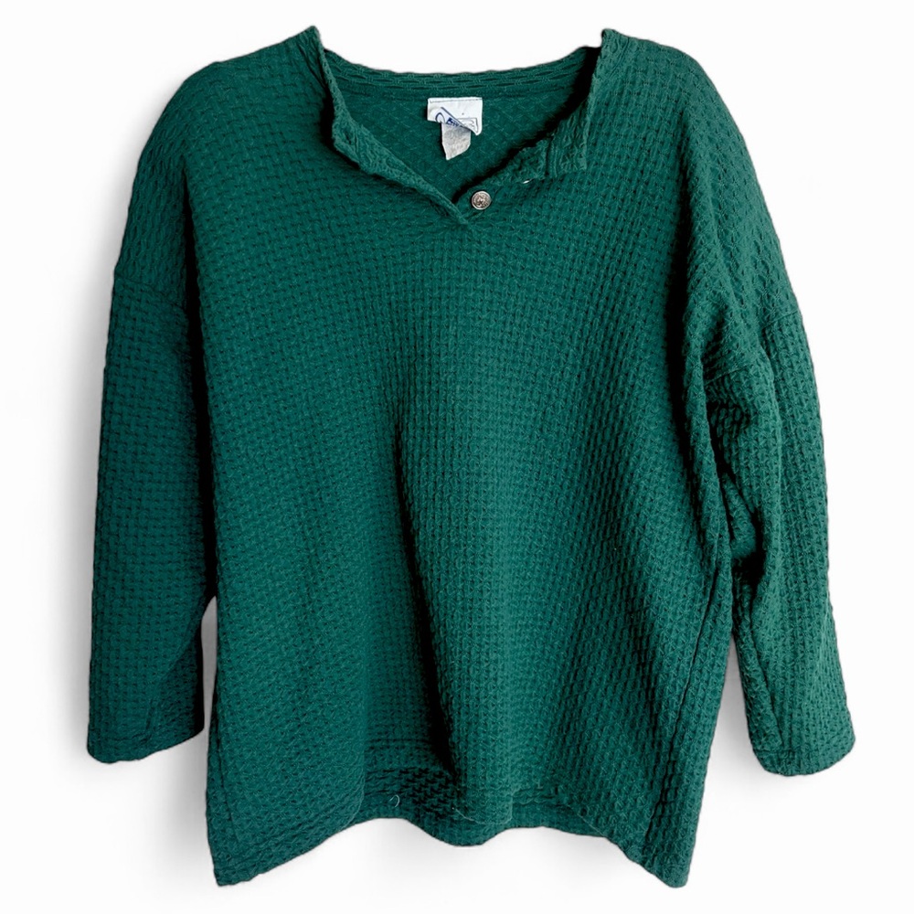 Vintage USA Thermal Henley Sweater Emerald Grannycore Boho Oversized M Relaxed L